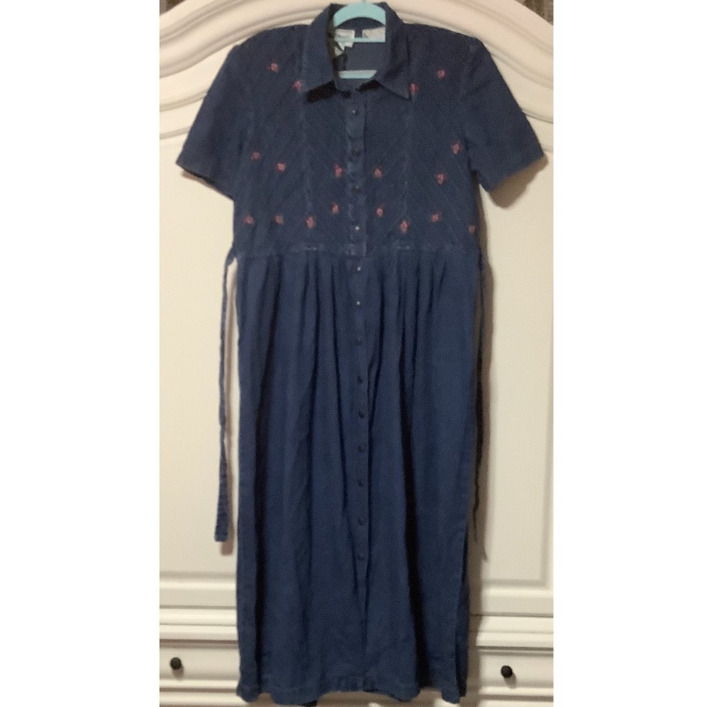Karin stevins ladies Sz 12  cotton, denim maxi dress with embroidered top